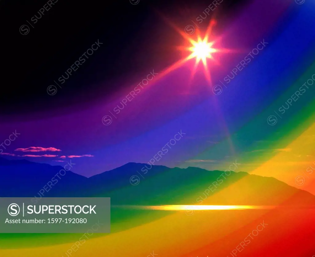 Switzerland, Ticino, Lago Maggiore, mountain range, sun, rainbow, spectral colors, colors, rays, beams, alienated, concepts,
