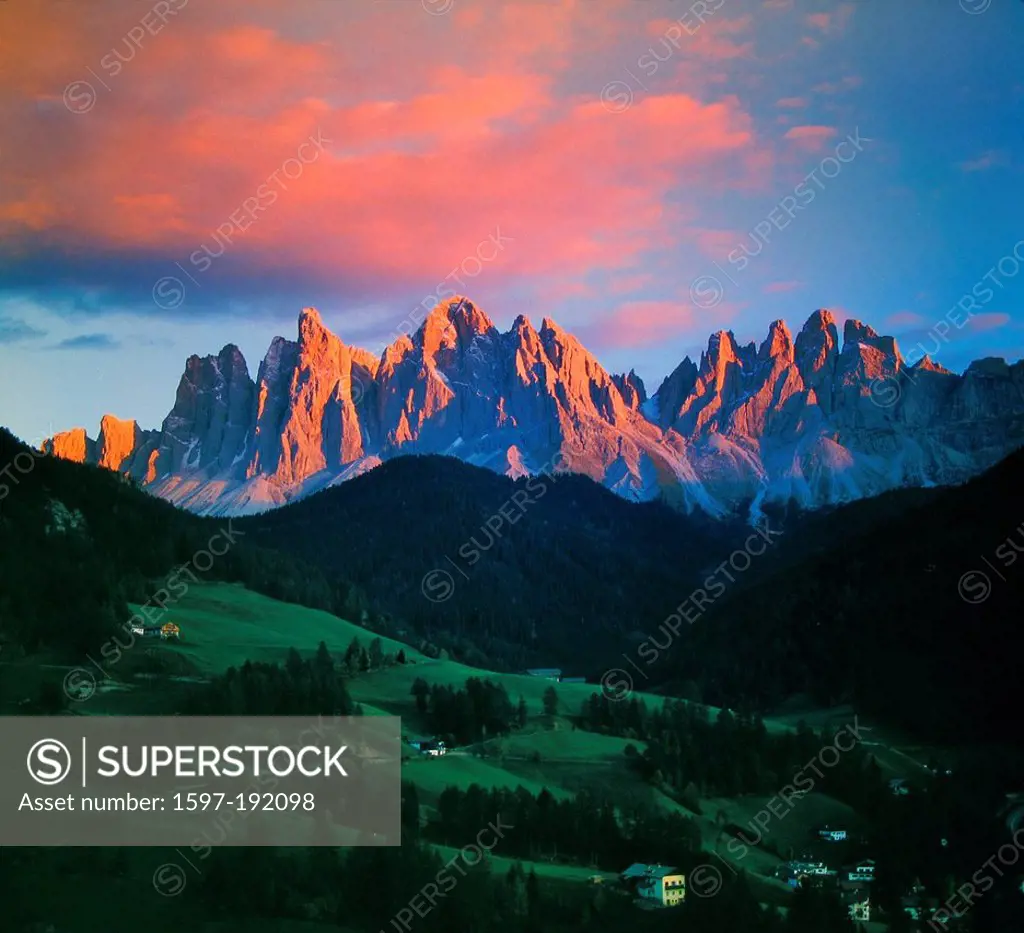 Italy, South Tirol, mountains, mountain range, Geislergruppe, Dolomites, afterglows, mood