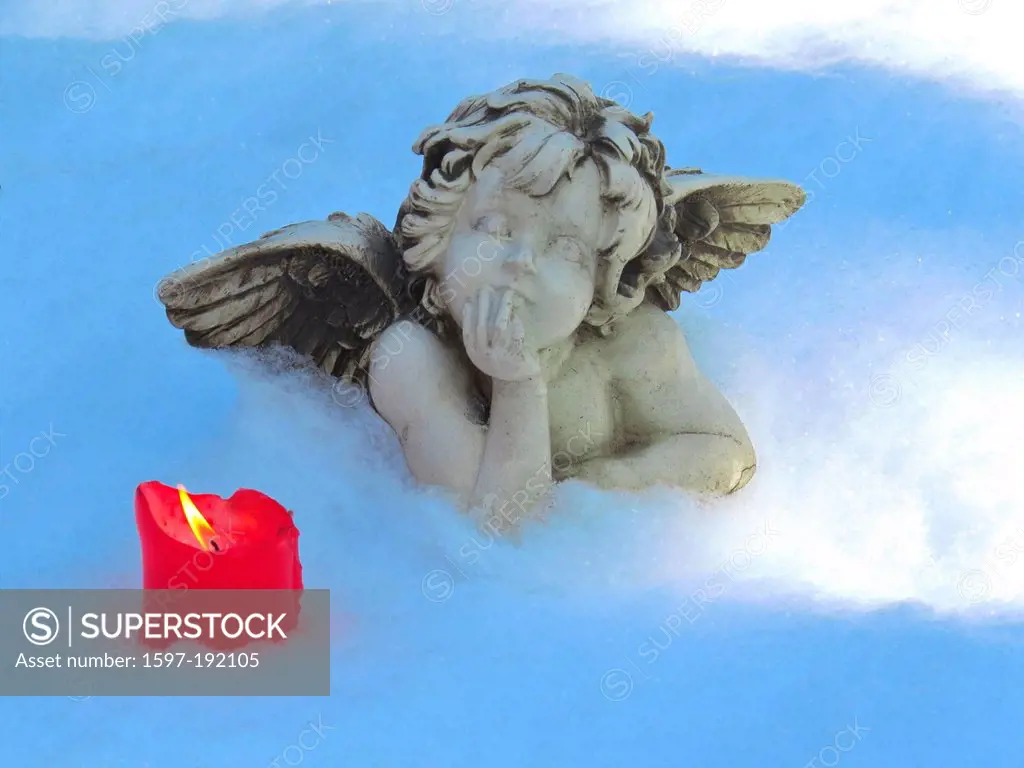 angel, concepts, child, recumbent, snow, wing, candle, light, flame, grief, sculpture, stone, winter