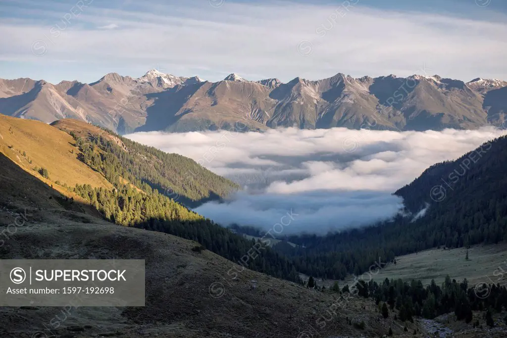 Alps, Aroser Rothorn, Ela, arch horn, mountains, summit, peak, Graubünden, Grisons, Guggernell, Lenzerhorn, morning, sea of fog, Pradetsch, Switzerlan...
