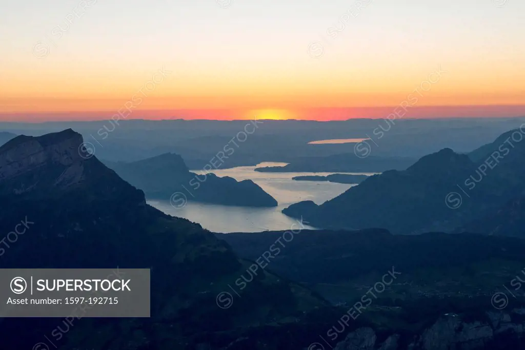 Evening, view, Lucerne, middle land, low construction, Rophaien, Switzerland, Europe, lake, Sempachersee, sunray, sundown, central, Lake Lucerne, pre ...