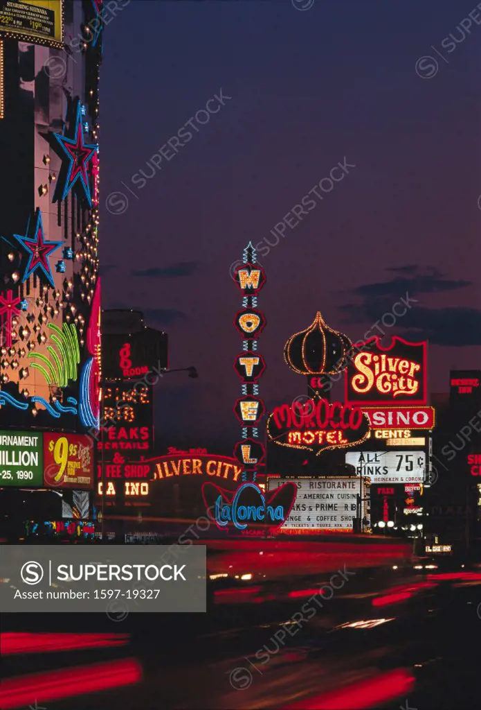 Advertisements, America, At night, Las Vegas, Neon lights, Nevada, Night, Strip, Traffic, United States, North Ameri