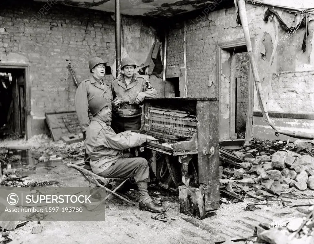WW II, historical, war, world war, second world war, operation Overlord, Overlord, invasion, Three, men, uniform, destroyed, house, home, piano, July,...