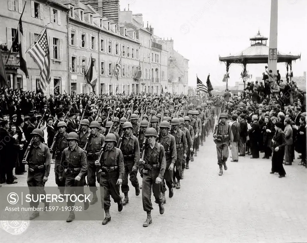 WW II, historical, war, world war, second world war, operation Overlord, Overlord, invasion, parade, triumphantly, US, American, soldiers, military, P...