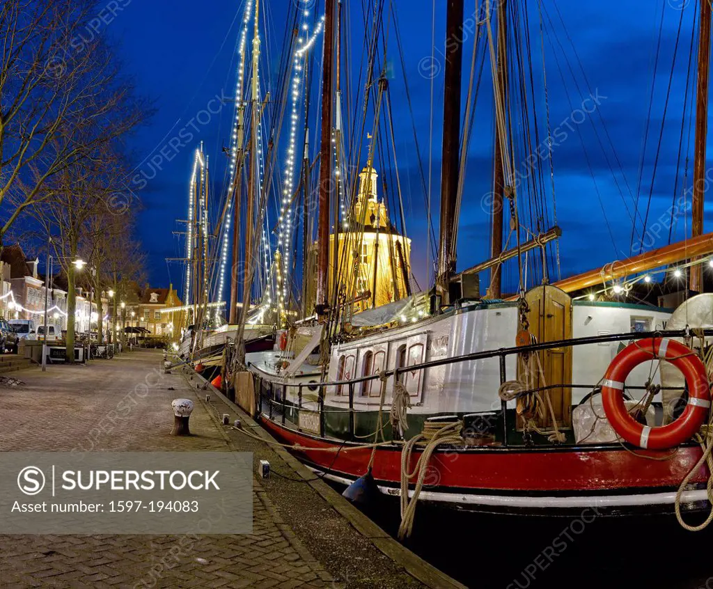 Netherlands, Holland, Europe, Enkhuizen, North Holland, city, village, winter, night, evening, ships, boat, light, Ancient, sailing ships, port