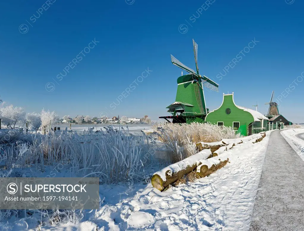 Netherlands, Holland, Europe, Zaandam, North Holland, windmill, field, meadow, water, winter, snow, ice, frost, Windmills, river, De Zaan