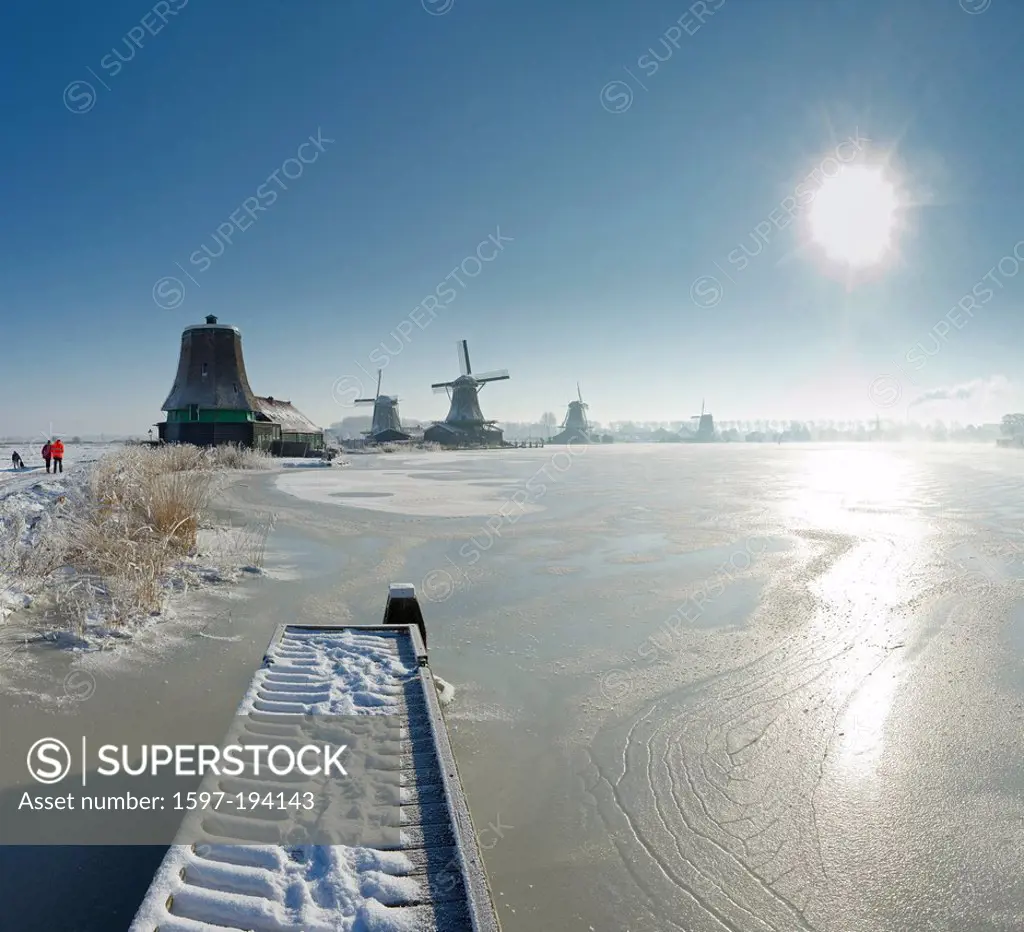 Netherlands, Holland, Europe, Zaandam, North Holland, windmill, water, winter, snow, ice, Windmills, frozen, river, Zaan