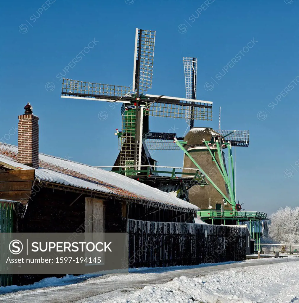 Netherlands, Holland, Europe, Zaandam, North Holland, windmill, winter, snow, ice, Windmills, river, Zaan