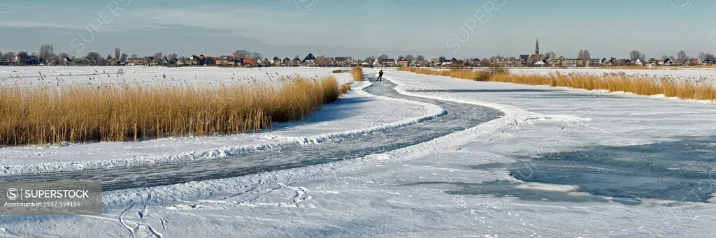 Netherlands, Holland, Europe, Wormer, North Holland, landscape, field, meadow, water, winter, snow, ice, people, Skating