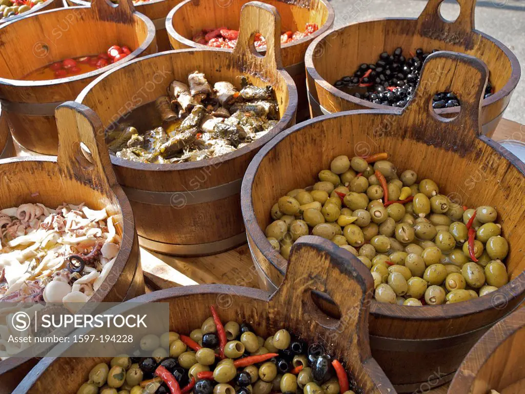 Wooden barrels, market, olives, food, olive oil