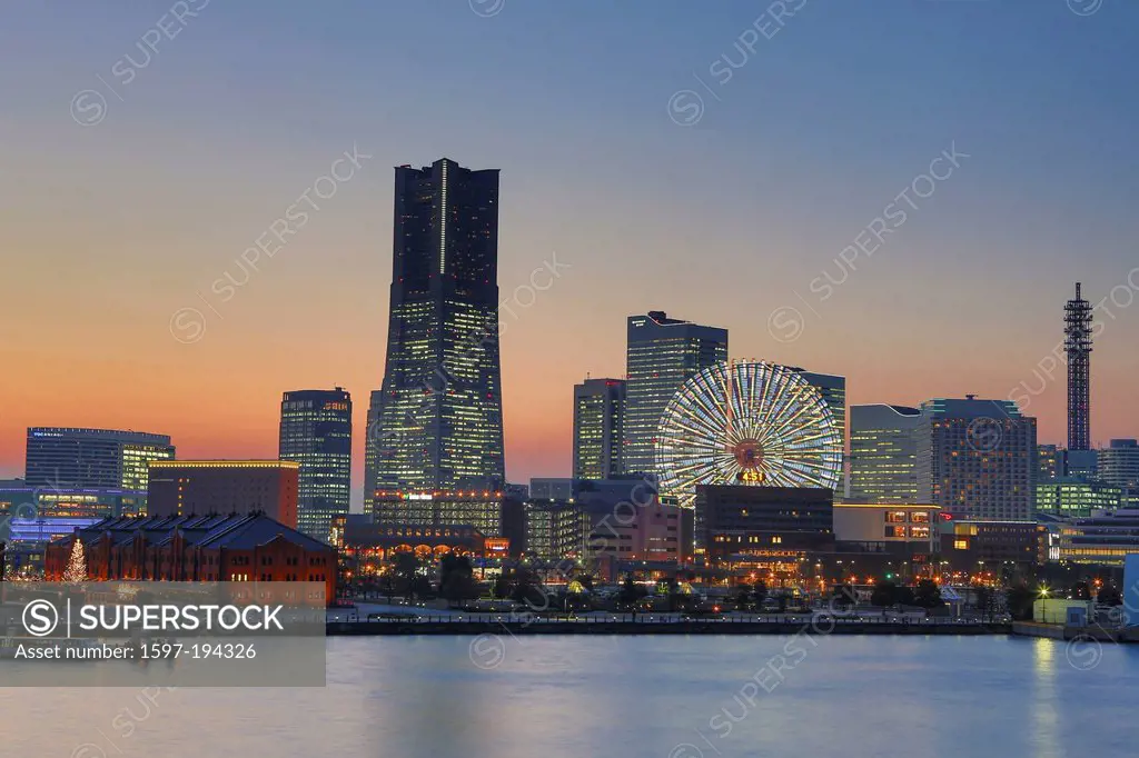 Japan, Asia, Yokohama, Landmark, Tower, architecture, bay, city, colourful, panorama, skyline, sunset, touristic, travel, wheel