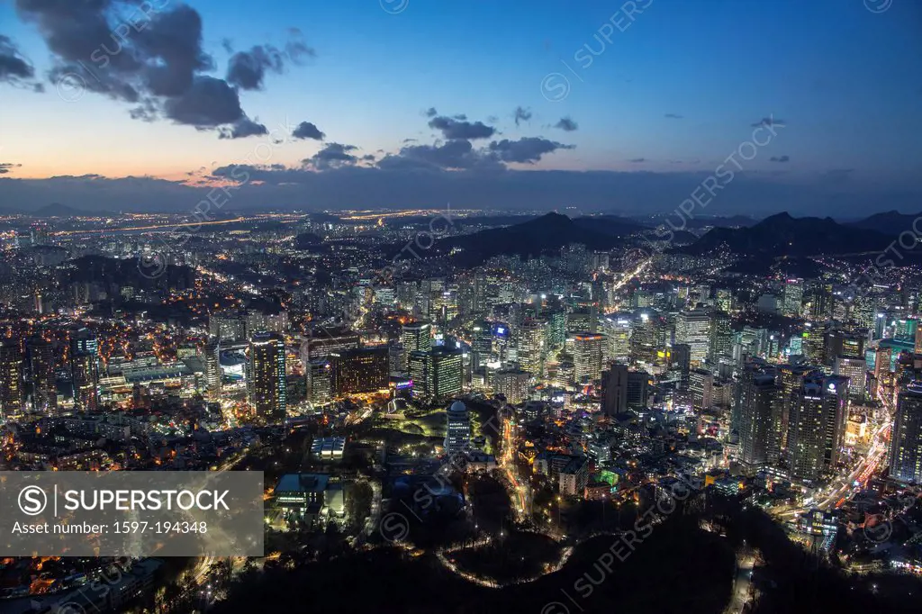 Korea, Asia, Myeong-dong, evening, Seoul, architecture, central, downtown, lights, metropolis, urban, panorama, skyline, skyscrapers, touristic, trave...