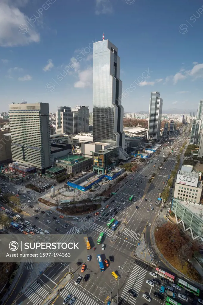 Building, COEX, Korea, Asia, Seoul, Trade Center, aerial, architecture, avenue, business, city, crossing, road, trade, traffic, travel, world