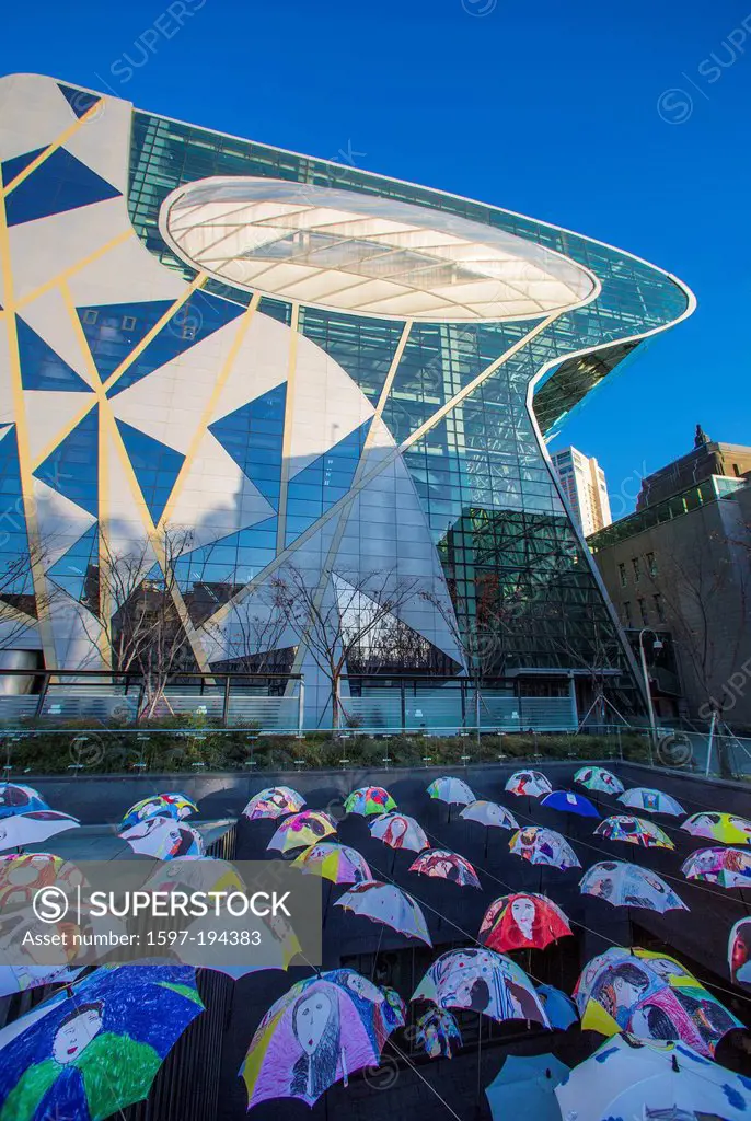 Display, Building, City Hall, Korea, Asia, Seoul, architecture, art, city, display, paintings, umbrella, umbrellas