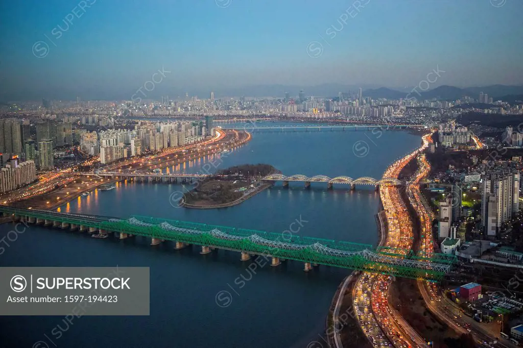 Korea, Asia, Seoul, Yeouido, aerial, cars, city, colourful, expressway, lights, metropolis, urban, river, rush hour, evening, river, traffic, travel, ...