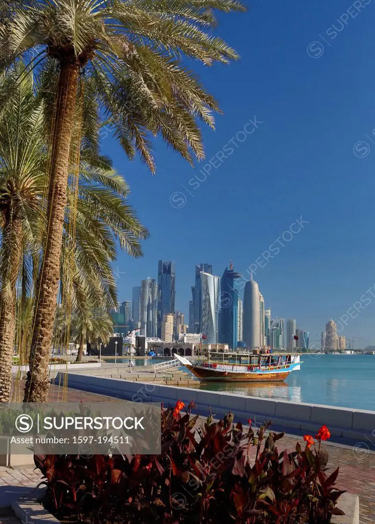 Al Bidda, Burj, Doha, Qatar, Middle East, World Trade Center, architecture, bay, boat, city, colourful, corniche, futuristic, palm tree, promenade, sk...
