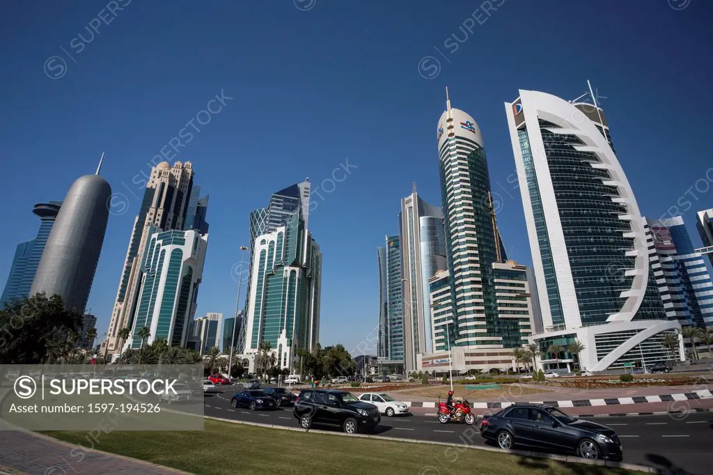 Burj, Doha, Qatar, Middle East, World Trade Center, architecture, bay, cars, city, colourful, corniche, futuristic, promenade, road, skyline, skyscrap...