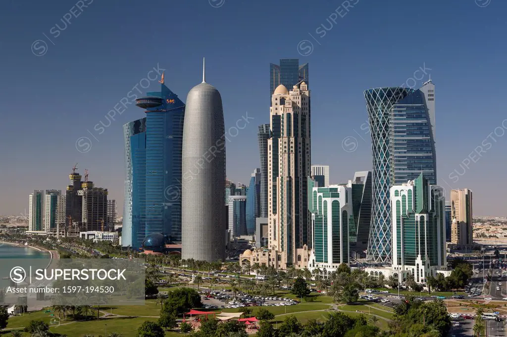 Burj, Doha, Qatar, Middle East, World Trade Center, architecture, bay, city, colourful, corniche, futuristic, green, panorama, park, promenade, skylin...