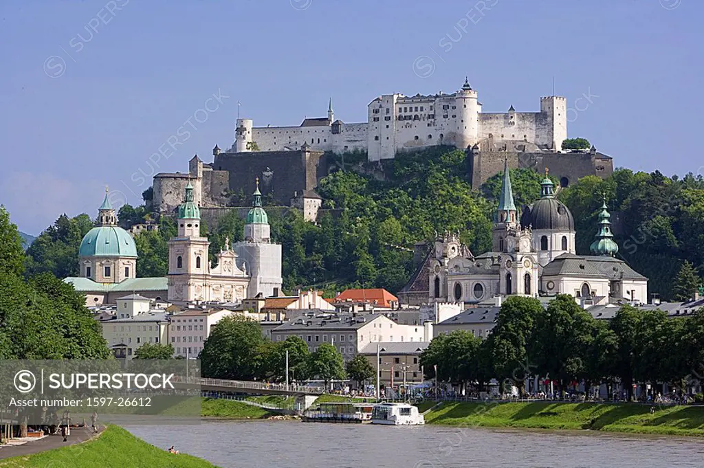 Austria, Europe, Salzburg, river Salzach, Hohensalzburg, castle