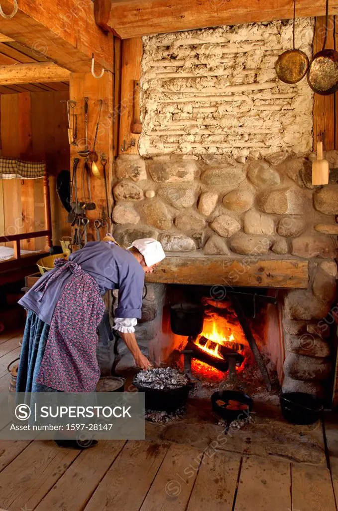 museum, woman, fire, cooking, boiling, preparation, food, eating, chimney, fireplace, folklore, colonist settler, Colo