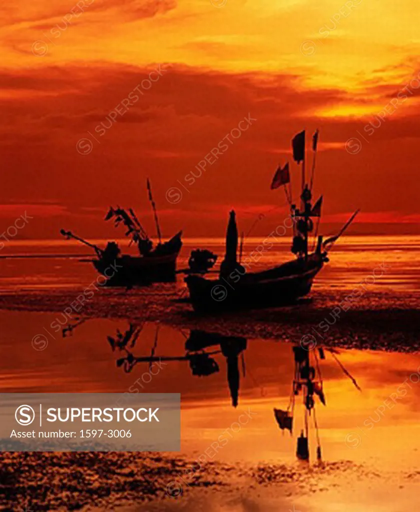  low, ebb, tide, fishing boats, Ko Samui, coast, sundown, Thailand, Asia,