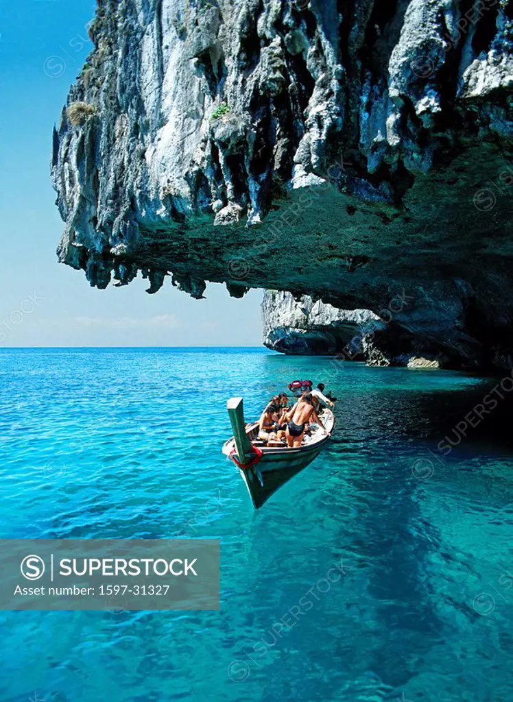 Thailand, Asia, Krabi province, Ao Nang, Phra Nang Beach, coast, sea, cave, grotto, erosion, rock, cliff, Boat, touris