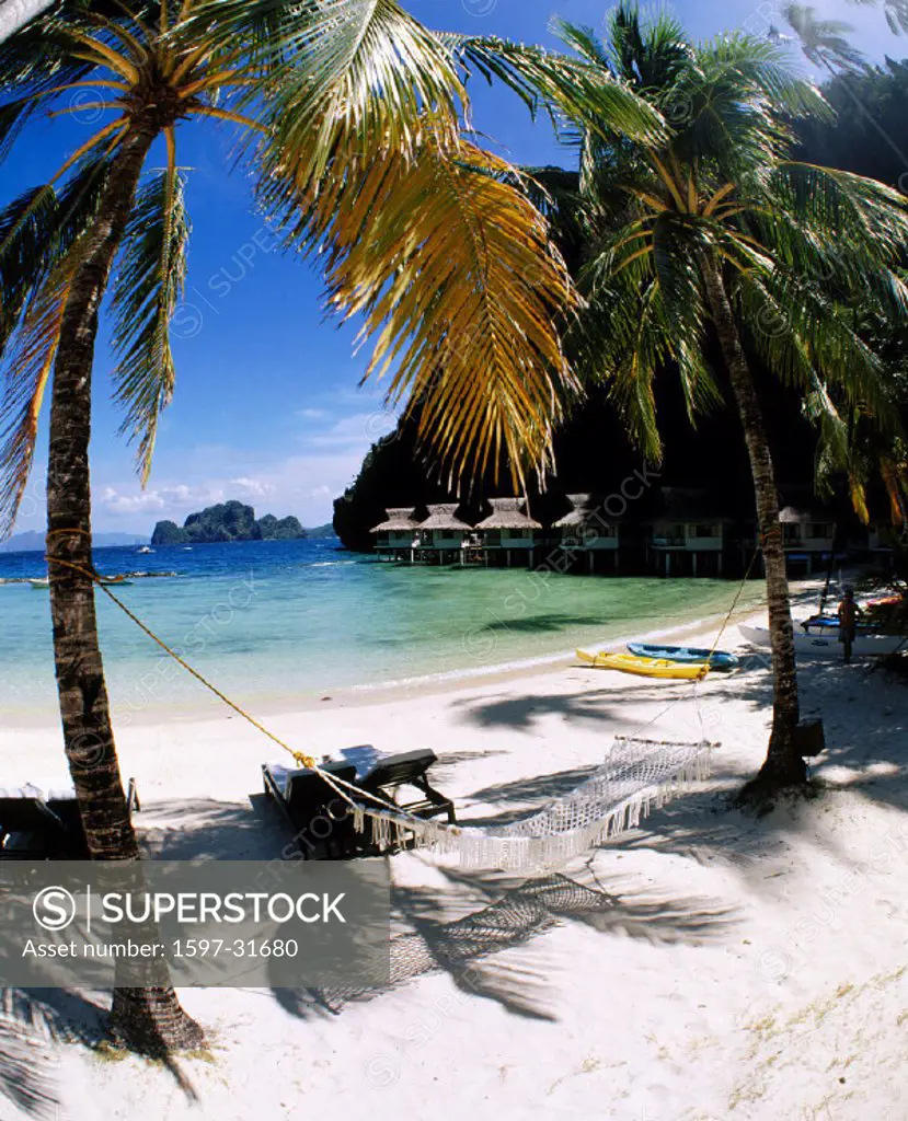 10643843, hammock, hotel, hotel beach, Miniloc Island Resort, Palawan, palms, Philippines, Asia, water bungalows,