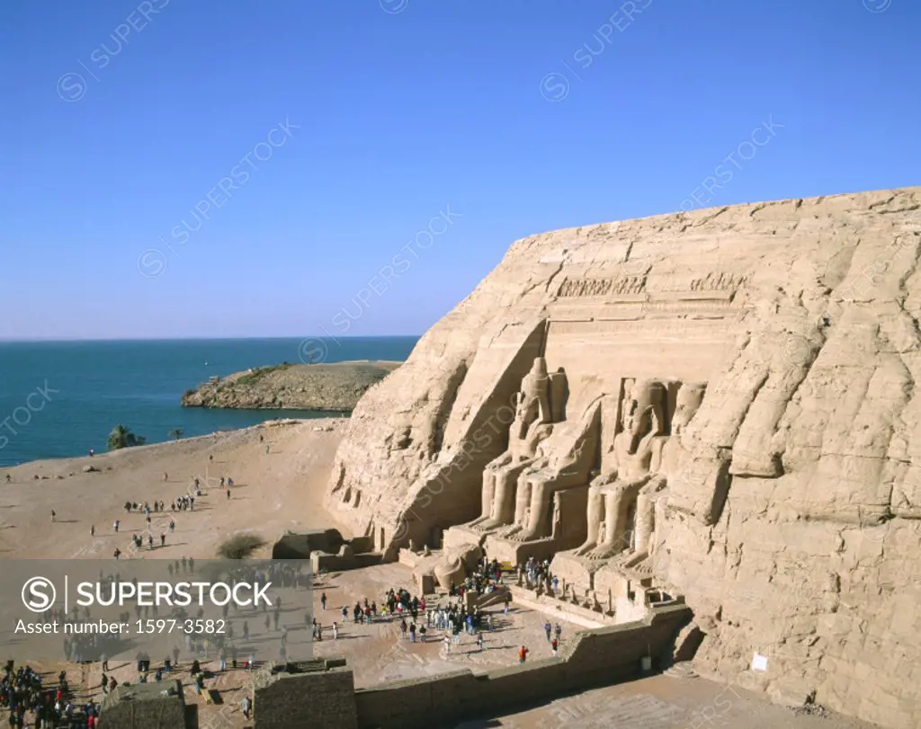 10327481, Abu Simbel, Egypt, North Africa, rock, cliff, Ramses II temple, statues, tourists, overview,