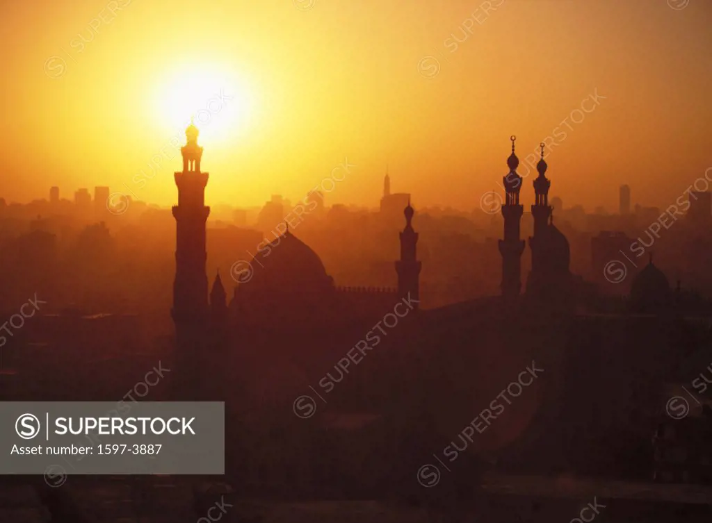 10380074, Egypt, North Africa, Cairo, mosques, Rifai, silhouette, sundown, mood, sultan Hassan,