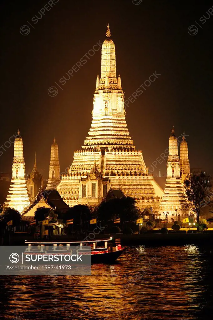 Thailand, Asia, Bangkok, Wat Arun, Chao Phraya River, Southeast Asia, sunset, prang, temple, culture, town, at night,