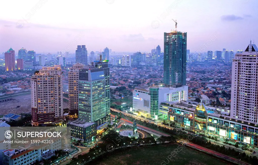 Indonesia, Jakarta city, Java island, town, Jakarta, nocturnal view, at night, Golden Triangle business district, View
