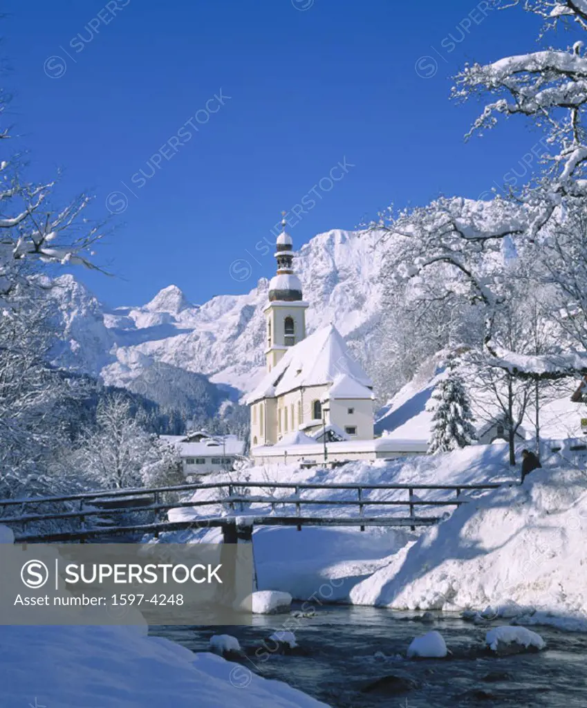 10454564, Creek, brook, Berchtesgaden, mountains, Germany, Europe, Upper Bavaria, parish church, Ramsau, snow, winter,