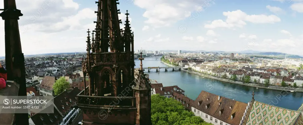 10508756, Basel, Basle, town, city, panorama, Rhine, river, flow, Switzerland, Europe, view, from Münster, overview,