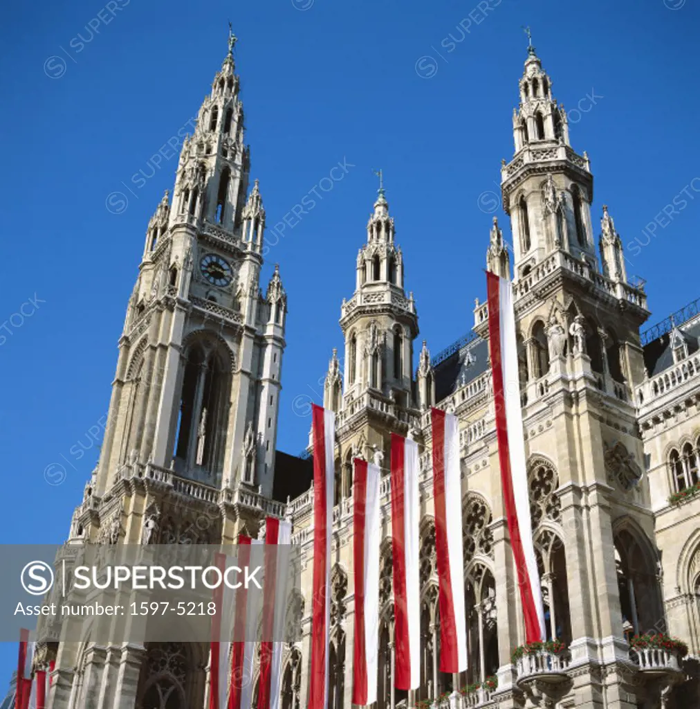 10560580, overview, blue, sky, flags, banners, Austria, Europe, city hall, landmark, Vienna,