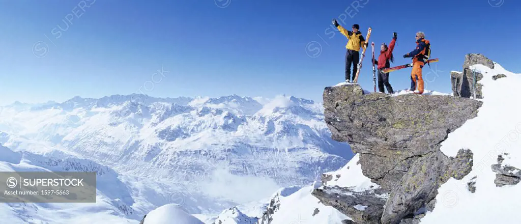10618482, mountains, three, cliff nose, Gemsstock, group, rejoicing, winter sports, sport, Alps, panorama, ski, ski tour, cant