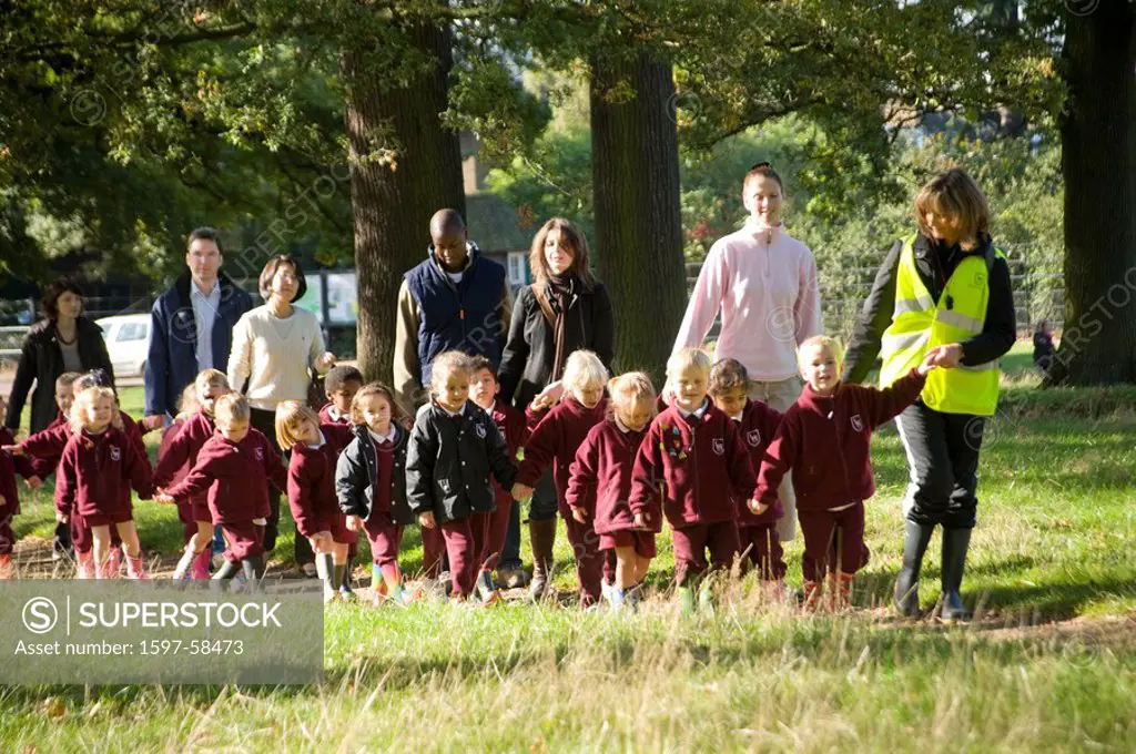 Junior school children, supervised walk, teachers, school, uniform, educate, children, child, junior, young, teacher, supervisor, supervise, care, wal...