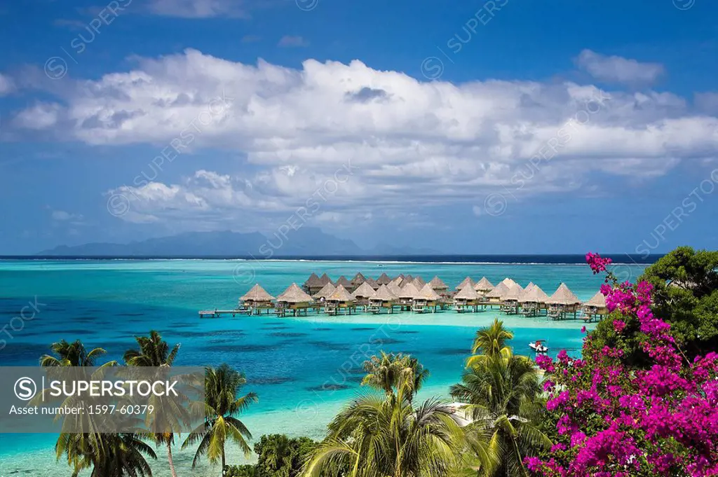 Tahiti, Society Islands, Bora Bora Island, Huts at Matira