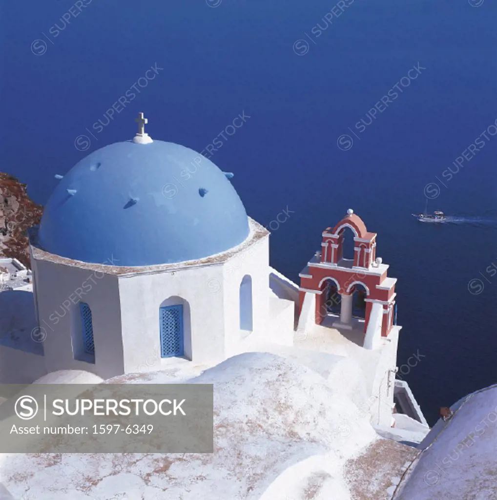 10631917, blue, fish cutters, bells, bell tower, belfry, Greece, church, dome, sea, Oia, Santorini,