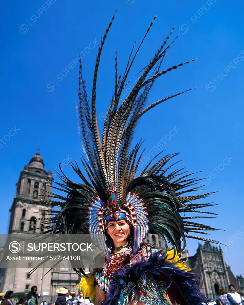 Mexico, Central America, city, Zocalo Square, Indians, traditional costume, Aztec dancer, female, woman, portrait, ind