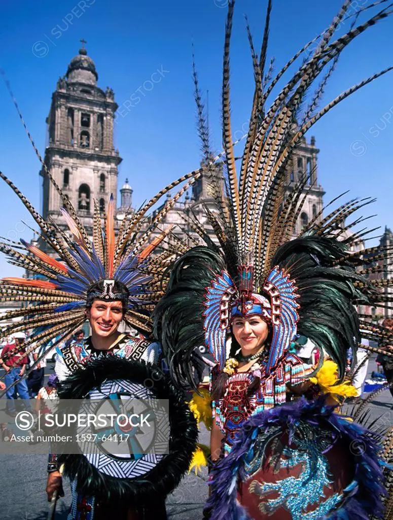 Mexico, Central America, city, Zocalo Square, Indians, traditional costume, Aztec dancer, female, man, male, two, pers
