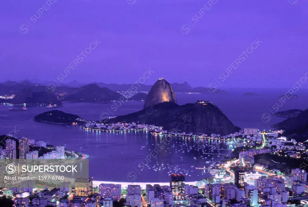 10637950, Brazil, South America, bay, Guanabara Bay, coast, scenery, lights, sea, night, at night, Rio de Janeiro, town, city,