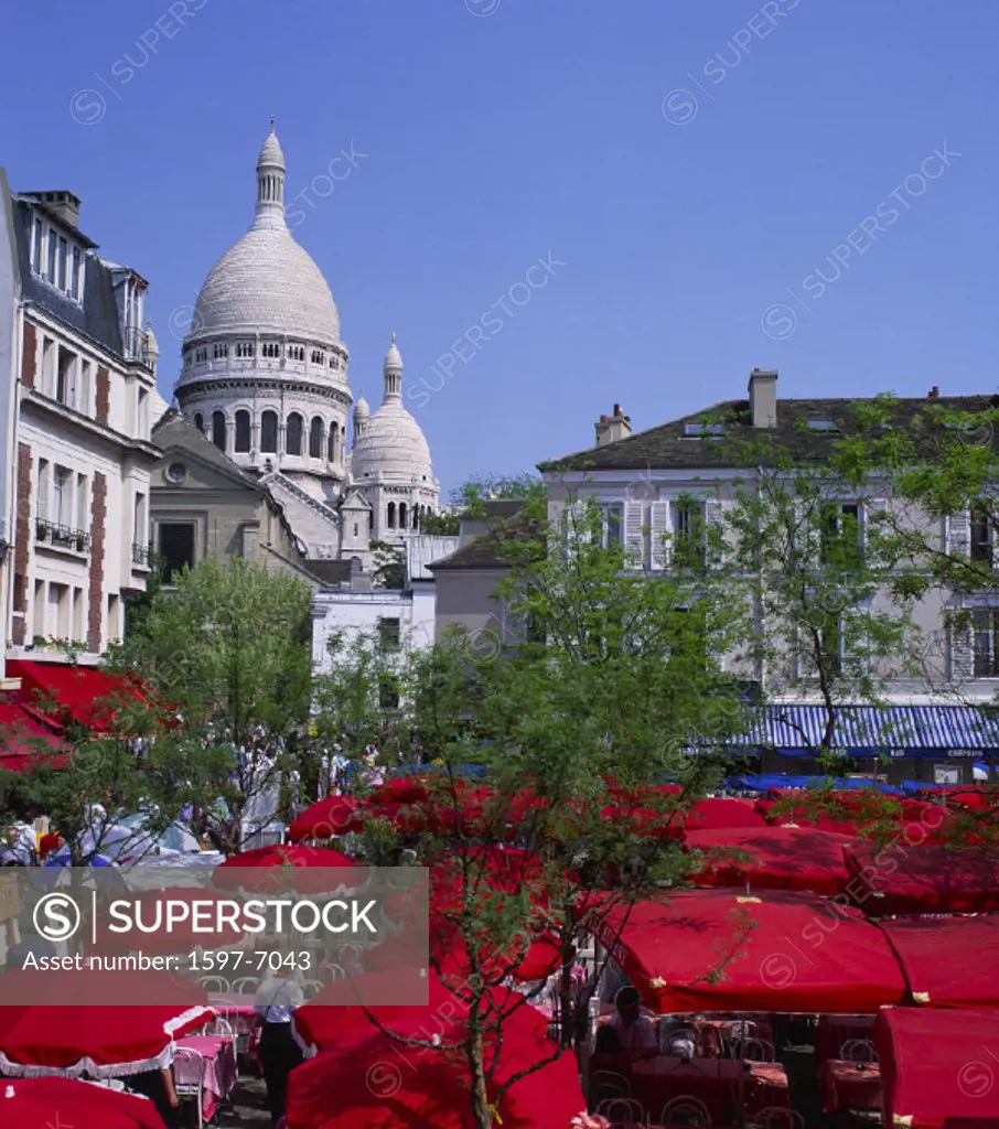 10641479, France, Europe, church, Montmartre, Paris, Place du Tertre, place, red, Sacre Coeur, screens, town, city, states, st