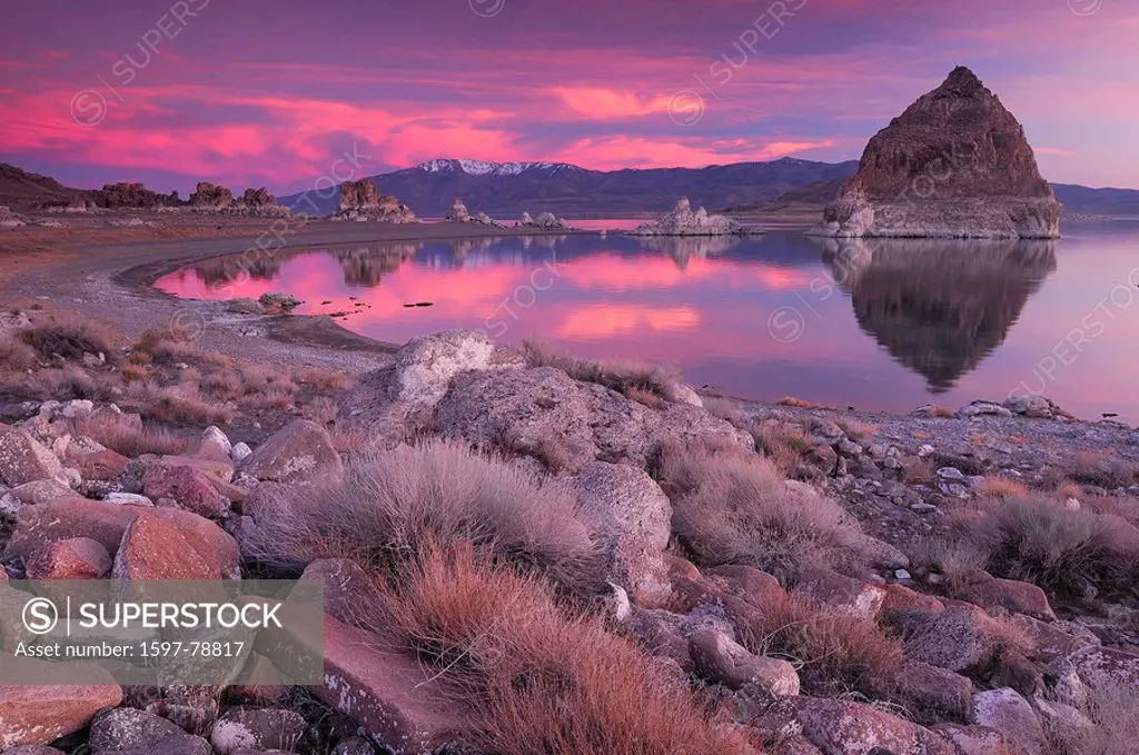 Pyramid, Pyramid Lake, sunset, Pyramid Lake Indian Reservation, Nevada, USA, North America, travel, America, travel, rock, formation, reflection, land...