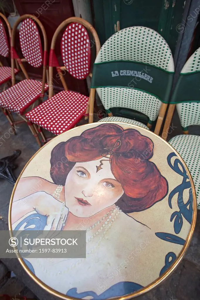 France, Paris, Montmartre, Detail of Table and Chairs at and Outdoor Cafe