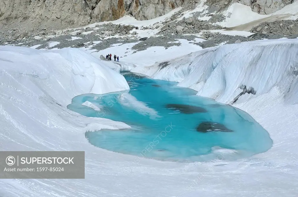 a blue lake formed on a glacier due to it melting. this glacier is melting rapidly due to the changing climate