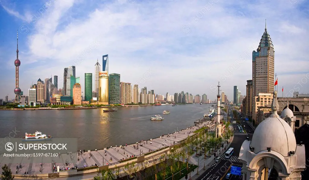 China, Shanghai, town, city, blocks of flats, high_rise buildings, city, skyline, Huangpu, river, flow, Pudong, alliance, bundle, traveling, tourism, ...