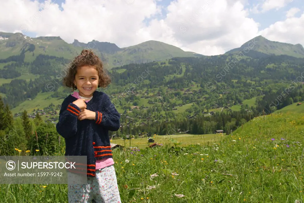 10650176, alpine, Alps, mountains, flower meadow, canton Vaud, child, laugh, scenery, child, girl, portrait, Switzerland, Euro