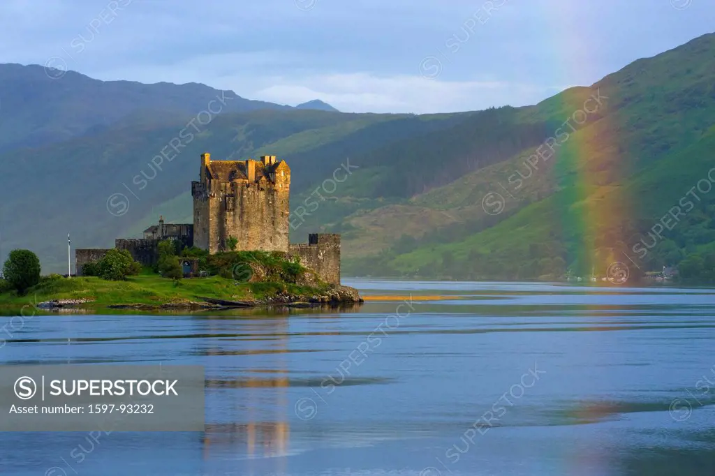 Eilean Donan Castle, Great Britain, Scotland, Europe, sea, coast, tides, flood, island, isle, castle, thunderstorm mood, rainbow