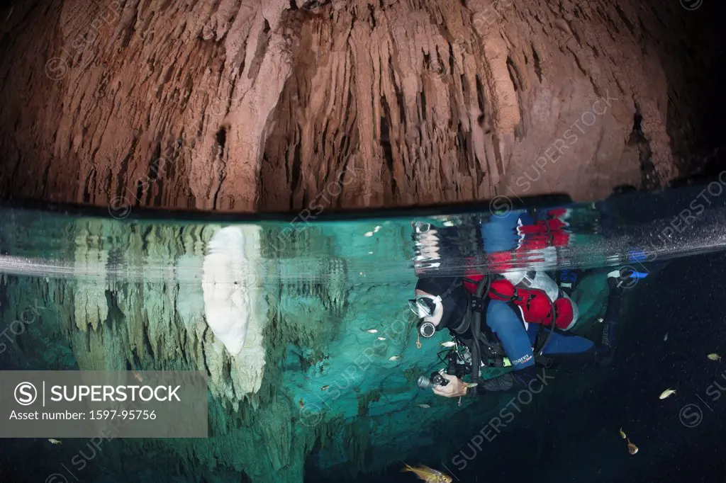 Scuba diver in Bat Cave Cenote, Playa del Carmen, Yucatan Peninsula, Mexico