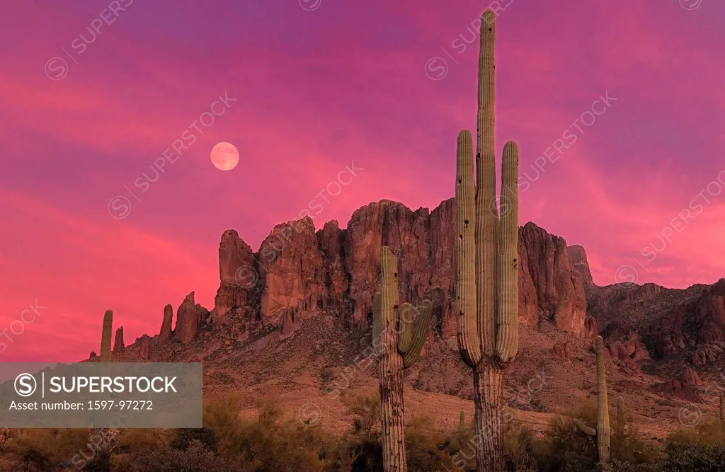 Saguaro, moon, Superstition Mountains, night, Lost Dutchman, State Park, Apache Junction, Arizona, USA, United States, America, cactus, red, sky, natu...